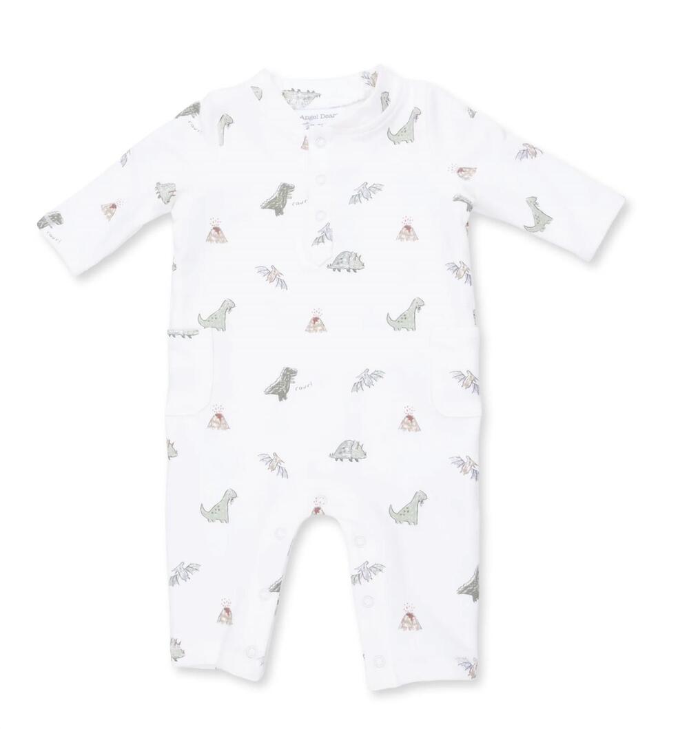 NEW ANGEL DEAR kid's soft dinos french terry uni romper in white/green